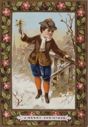 Cartolina di Natale raffigurante un ragazzo che cammina nella neve